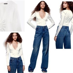 Zara white satin effect ruched long sleeve V-neck bodysuit Sz XL NWOT